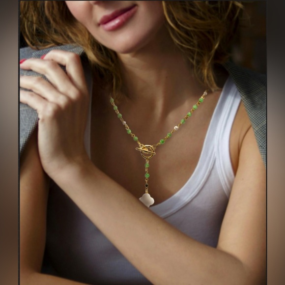 Jewelry - 🌹HP🌹NEW✨ 4 Leaf Clover Floral Real Shell Cross Natural Stone Necklace Lariat